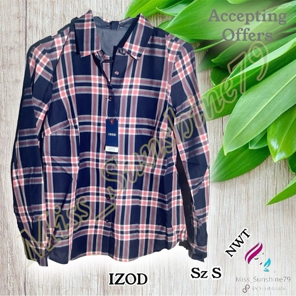 IZOD NEW - Sz S - navy blush pink plaid lightweight button down shirt - Picture 1 of 8